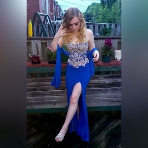 PROM dress Beautiful Royal Blue embezzled strapless dress thigh high front slit